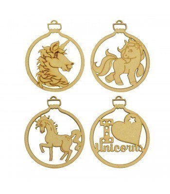 Laser Cut Pack of 4 Themed Baubles - Unicorn 